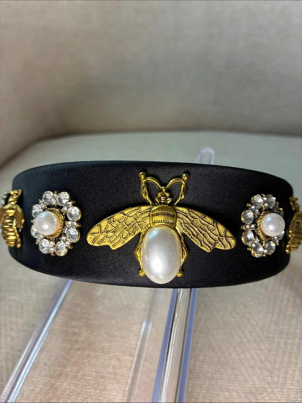 Source Unknown Black Satin Headband with Gold Bee and Pearl Details